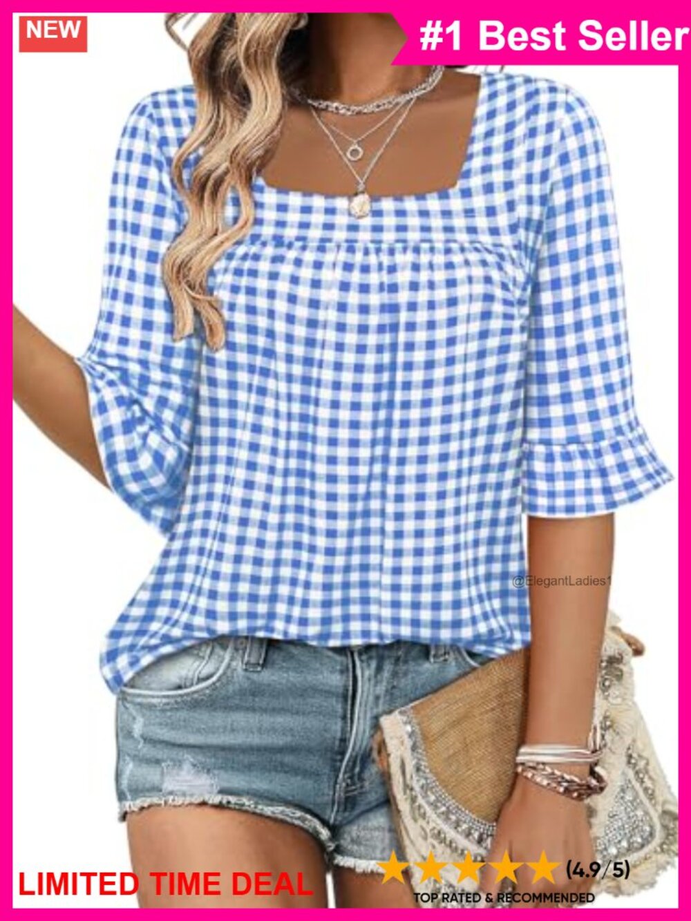 Womens 3/4 Ruffle Sleeve Square Neck Ruched Tunic Blouse